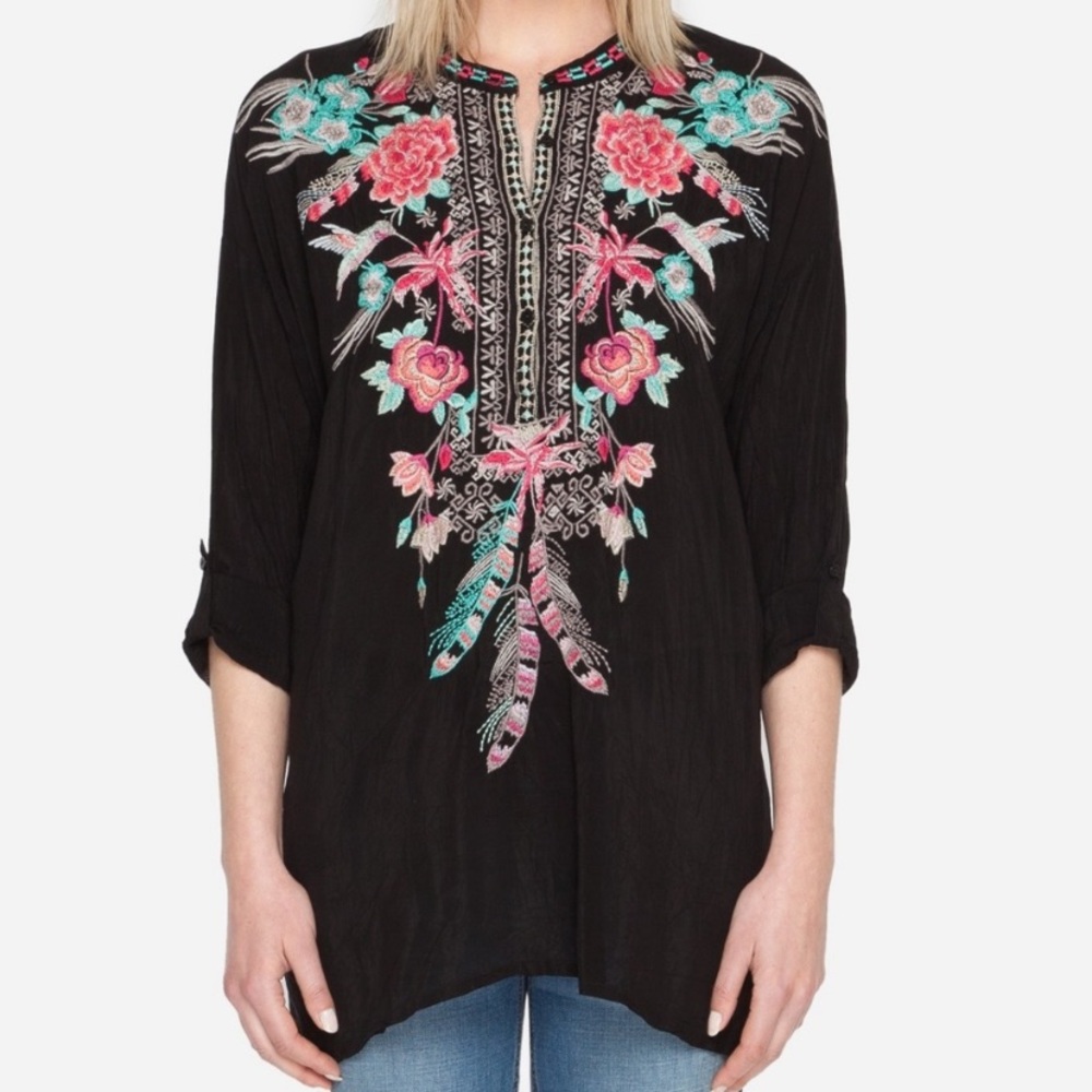 Johnny Was Hummingbird Embroidered Floral Tunic Blouse